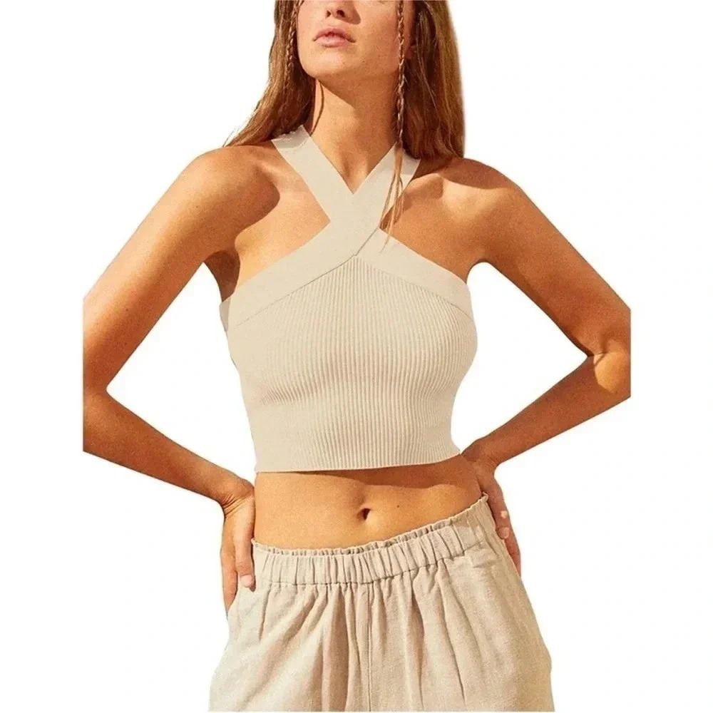 NWT House of Harlow Criss-Cross Tan Halter Ribbed Tank Sz S